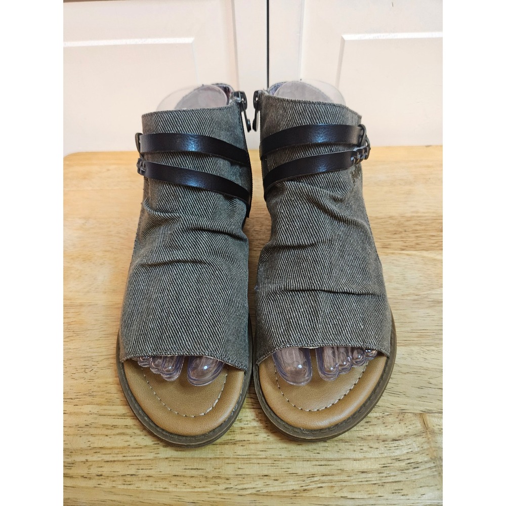 Blowfish Malibu B138 Women 7.5 Olive Grey Ruched Canvas Ankle Wrap Sandals